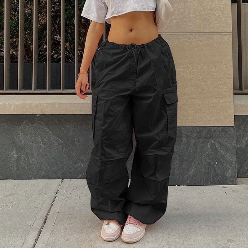 Black Parachute Cargo Pants - Y2k station