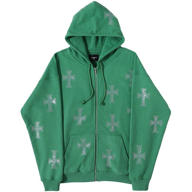 Jacket With Shiny Rhinestone Cross - Y2k station