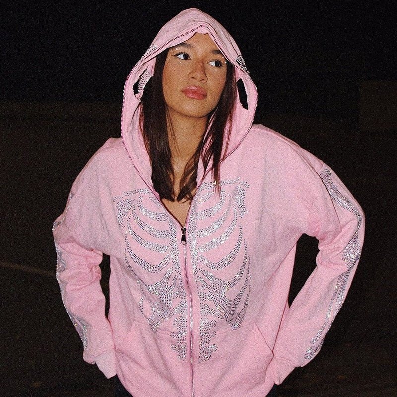 Rhinestone Skeleton Hoodie - Y2k station